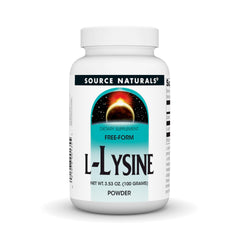 Source Naturals L-Lysine Free Form Powder bottle promotes collagen formation and energy metabolism.