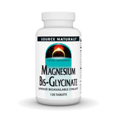 Source Naturals magnesium bis-glycinate tablets close-up shows absorption potential.