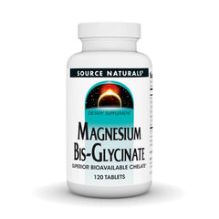 Source Naturals magnesium bis-glycinate tablets close-up shows absorption potential.