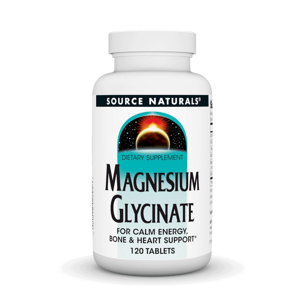 Source Naturals Magnesium Glycinate bottle on shelf, ready for daily use.