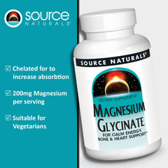 Source Naturals magnesium glycinate label close-up highlighting the chelated formula