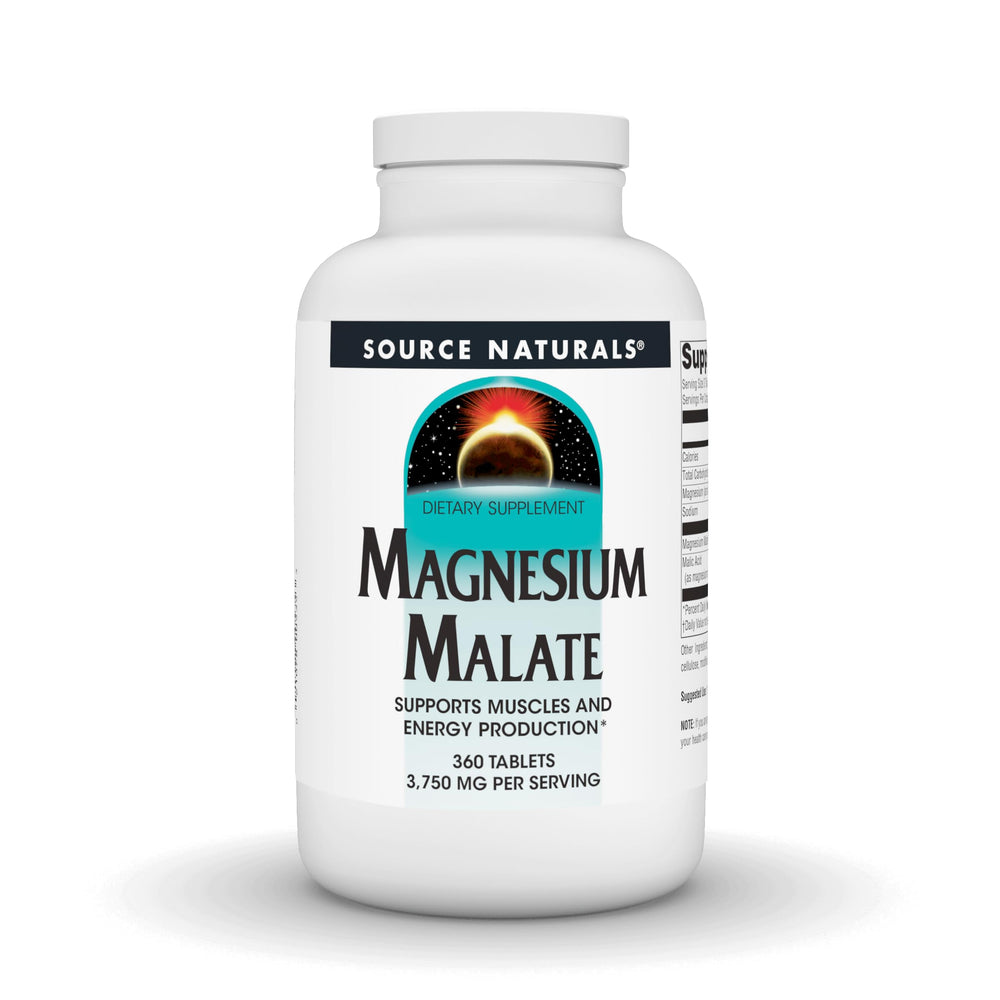 Source Naturals Magnesium Malate bottle showing energy production support for daily activity