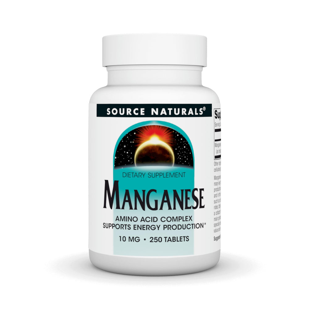 Source Naturals manganeso aminoácido quelato, frasco de 250 tabletas para energía y desarrollo óseo.