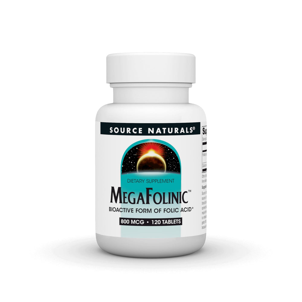 Source Naturals MegaFolinic tablets front view showing a compact daily dose.