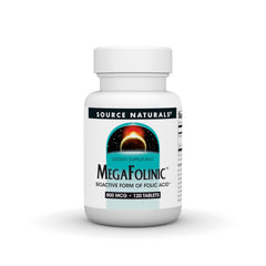 Source Naturals MegaFolinic tablets front view showing a compact daily dose.