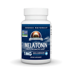 Source Naturals melatonin lozenge peppermint bottle on display for nighttime support.