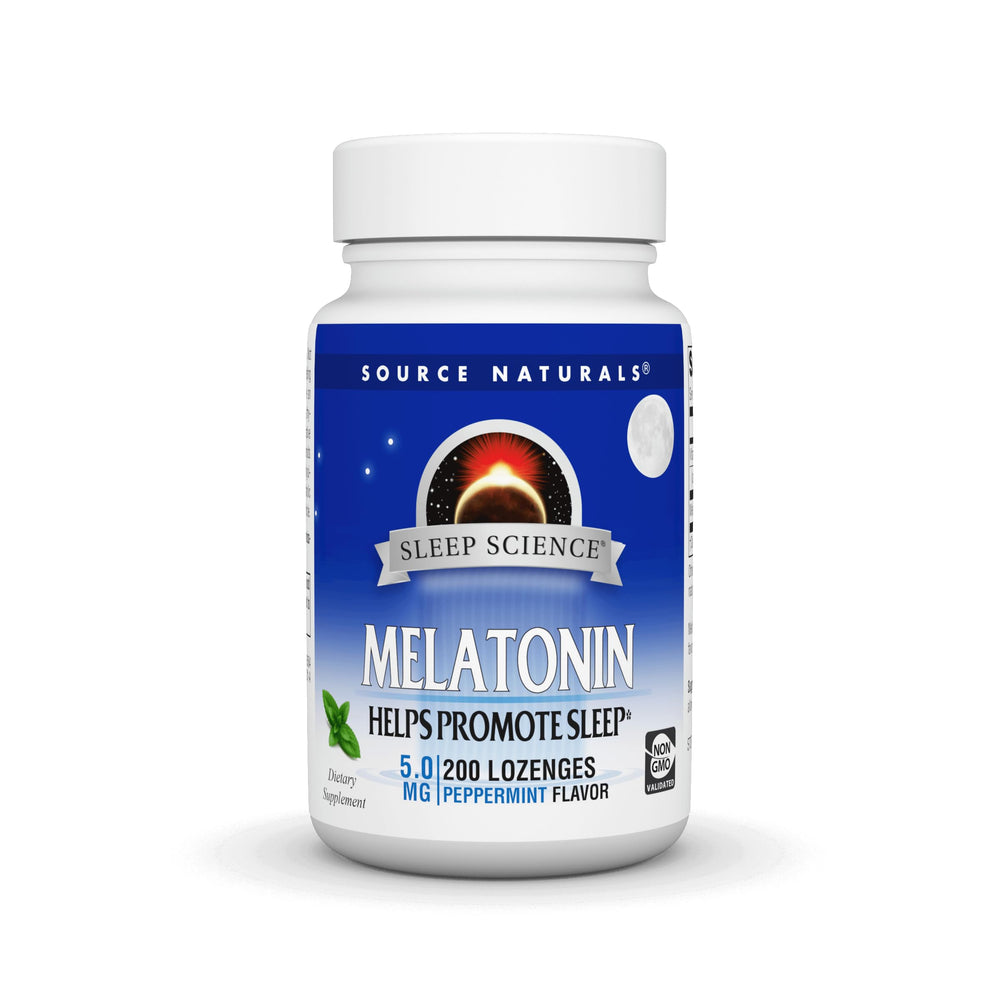 Source Naturals Melatonin lozenges bottle: convenient nightly sleep support.