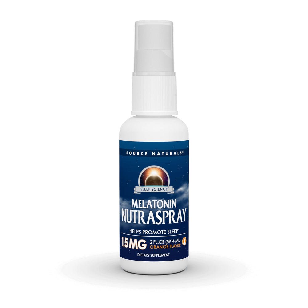 Source Naturals Melatonin NutraSpray orange bottle ready for convenient nightly use.