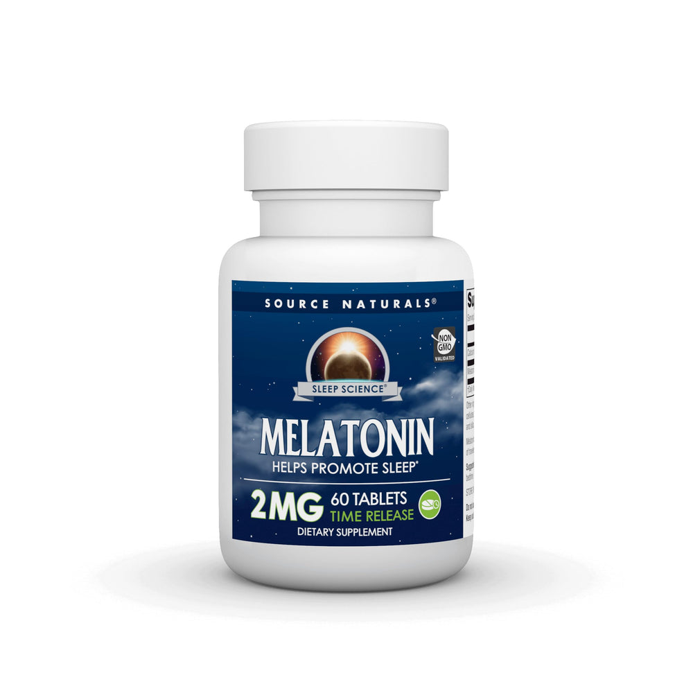 Source Naturals Melatonin tablets in a bottle closeup for easy bedtime support.