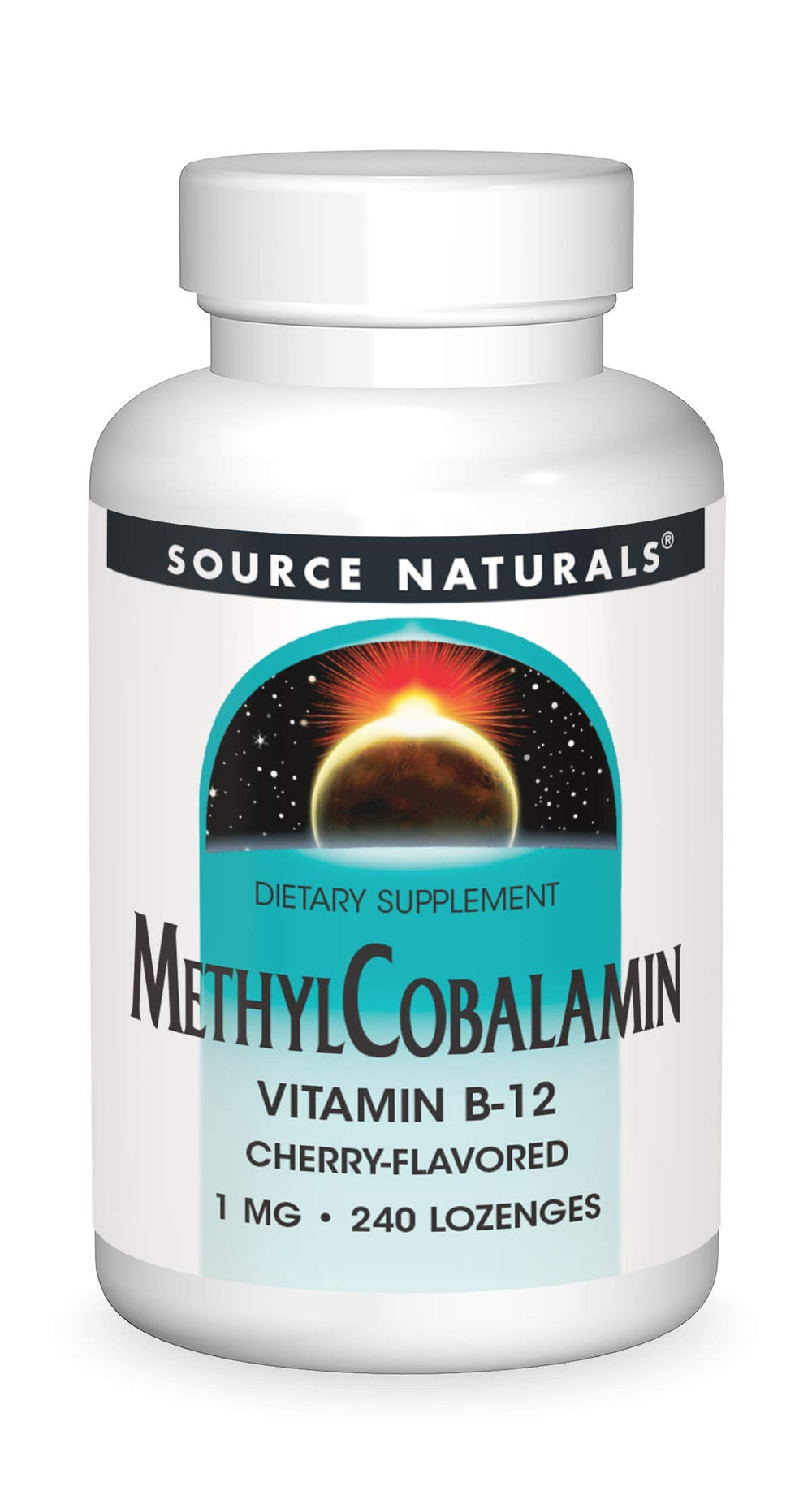 Source Naturals MethylCobalamin lozenges bottle on shelf supports daily B-12 intake.