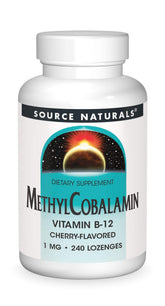 Source Naturals MethylCobalamin lozenges bottle on shelf supports daily B-12 intake.