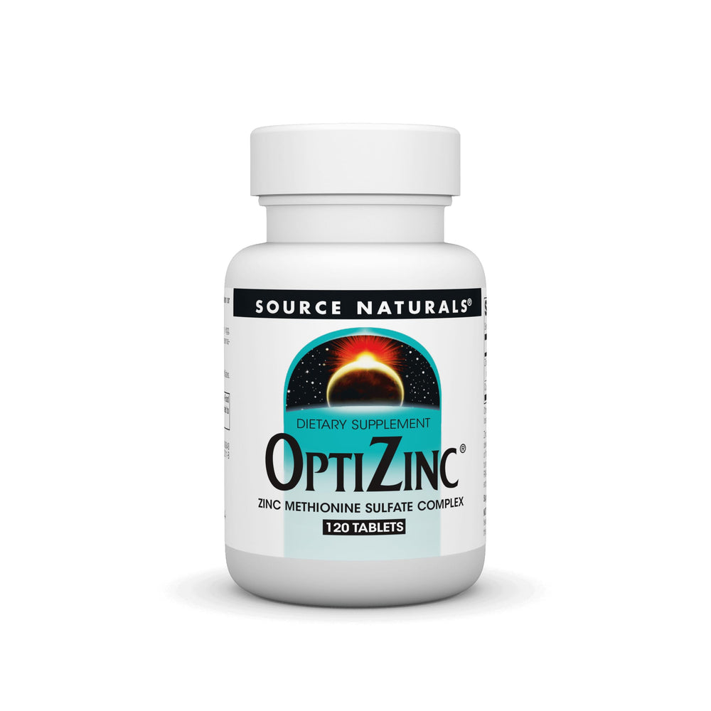 Source Naturals OptiZinc bottle highlighting the zinc monomethionine formula for skin support.