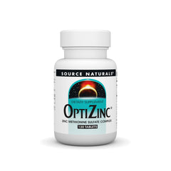 Source Naturals OptiZinc bottle highlighting the zinc monomethionine formula for skin support.