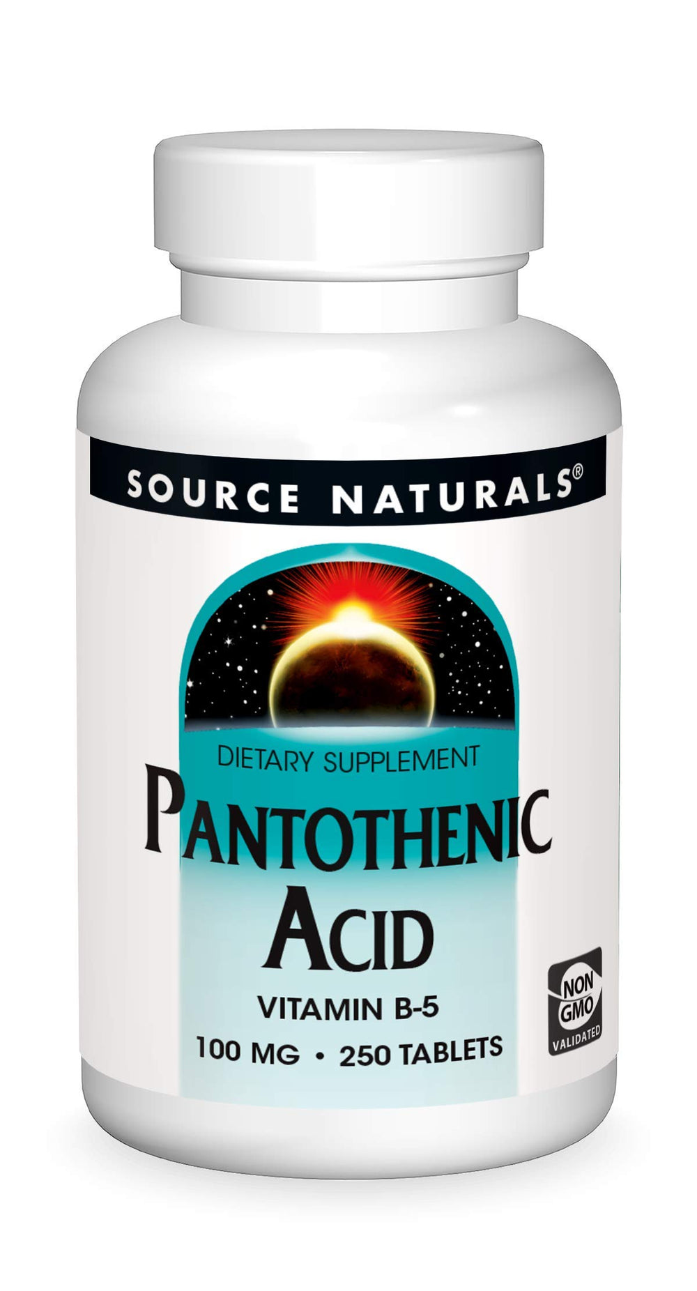 Source Naturals Pantothenic Acid 100 mg bottle showing label and dosage for energy metabolism