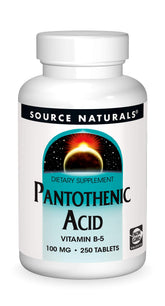 Source Naturals Pantothenic Acid 100 mg bottle showing label and dosage for energy metabolism