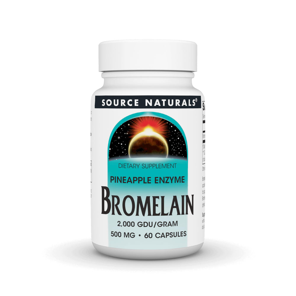 Source Naturals Pineapple Enzyme Bromelain bottle with capsules for protein digestion.