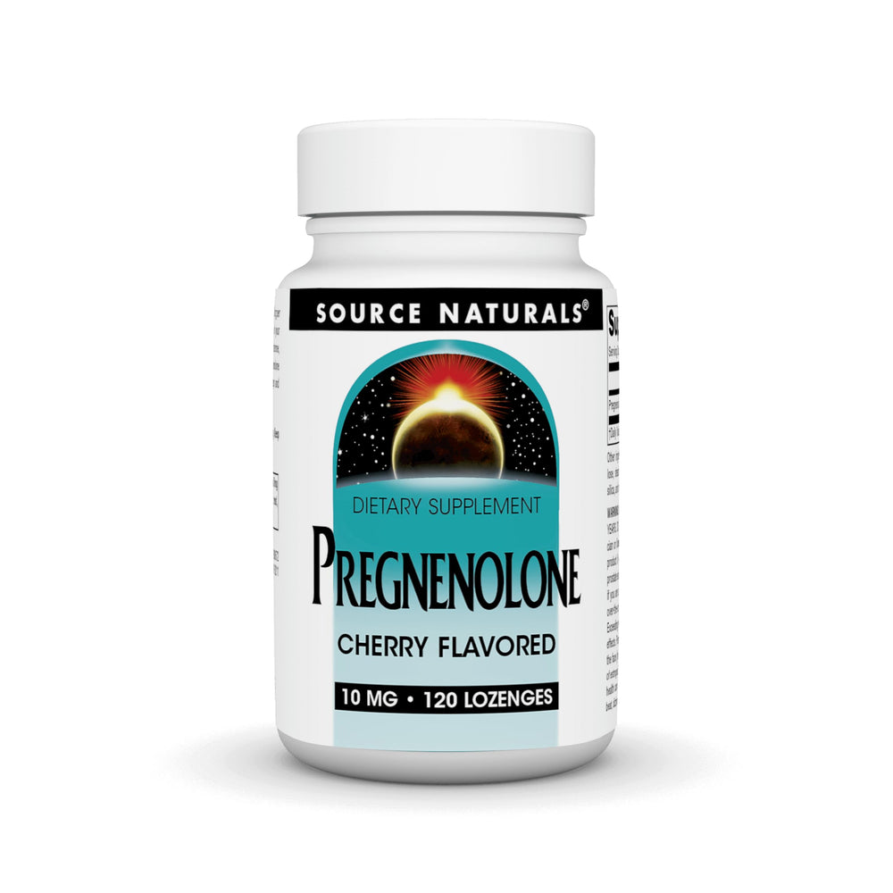 Source Naturals Pregnenolone cherry lozenge bottle for convenient daily use and potential mental focus support.