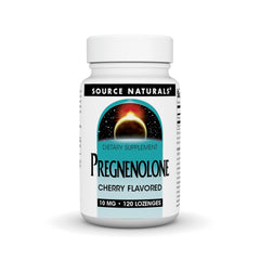 Source Naturals Pregnenolone cherry lozenge bottle for convenient daily use and potential mental focus support.