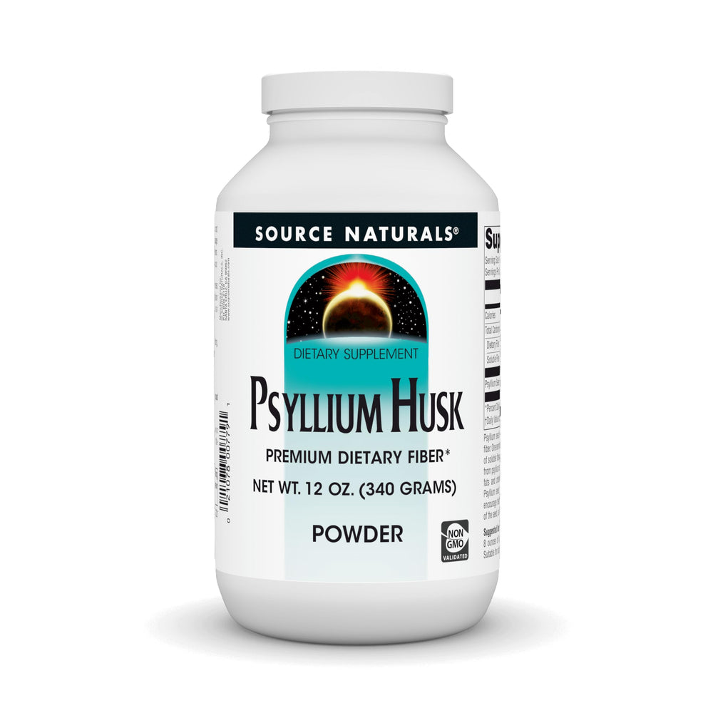 Source Naturals psyllium husk powder bottle shows a high-fiber, low-calorie option.