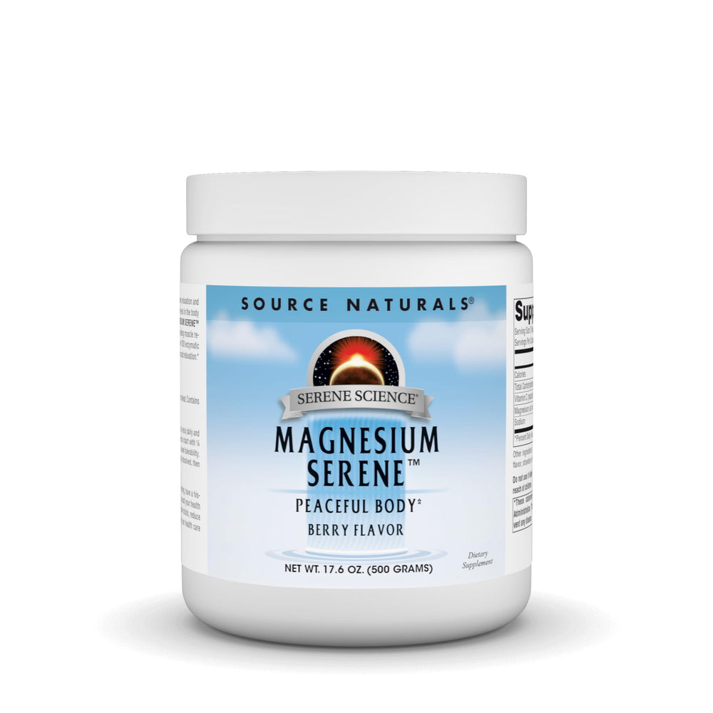 Source Naturals Serene Magnesium bottle for berry flavor for daily wellness.