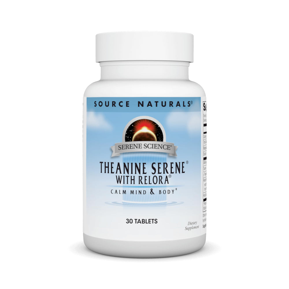 Source Naturals Serene Science Theanine Serene bottle front promotes calm focus.