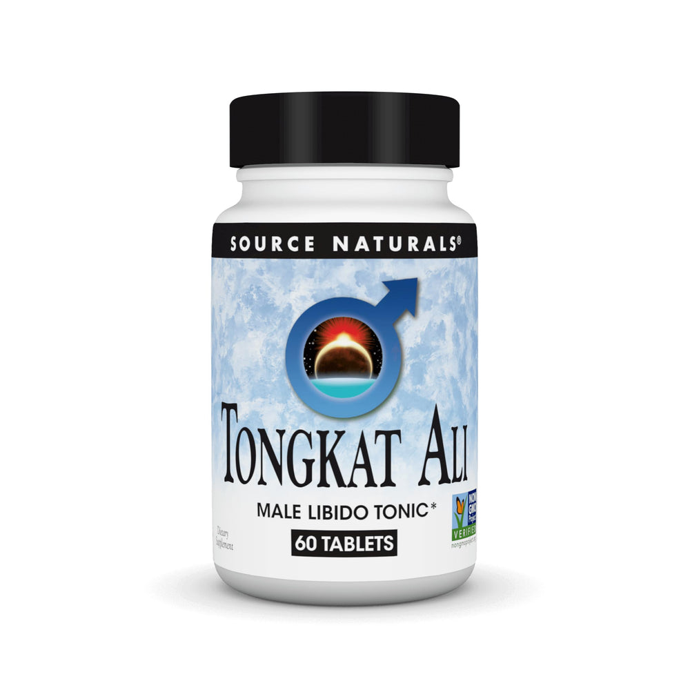 Source Naturals Tongkat Ali tablets bottle with potential energy and hormonal balance support.
