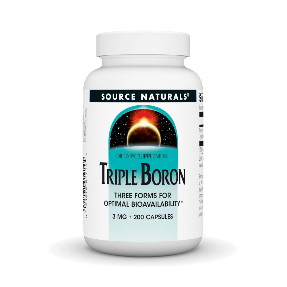 Source Naturals Triple Boron bottle on the shelf with potential bone support.