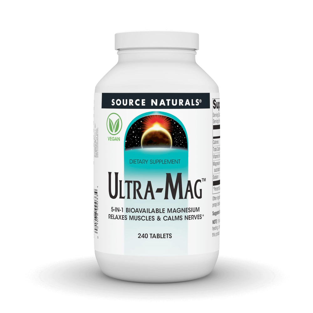 Source Naturals Ultra-Mag bottle label highlights high bioavailability magnesium for muscle support