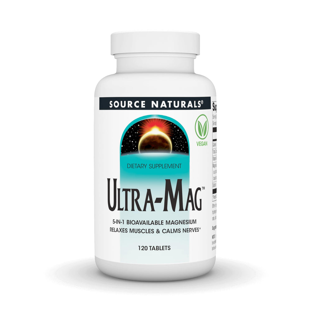 Source Naturals Ultra-Mag tablets on front label, a 5-in-1 blend for daily mineral support.