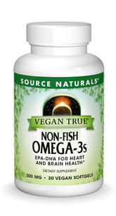Source Naturals Vegan True Omega-3s bottle front showing vegan EPA-DHA formula.