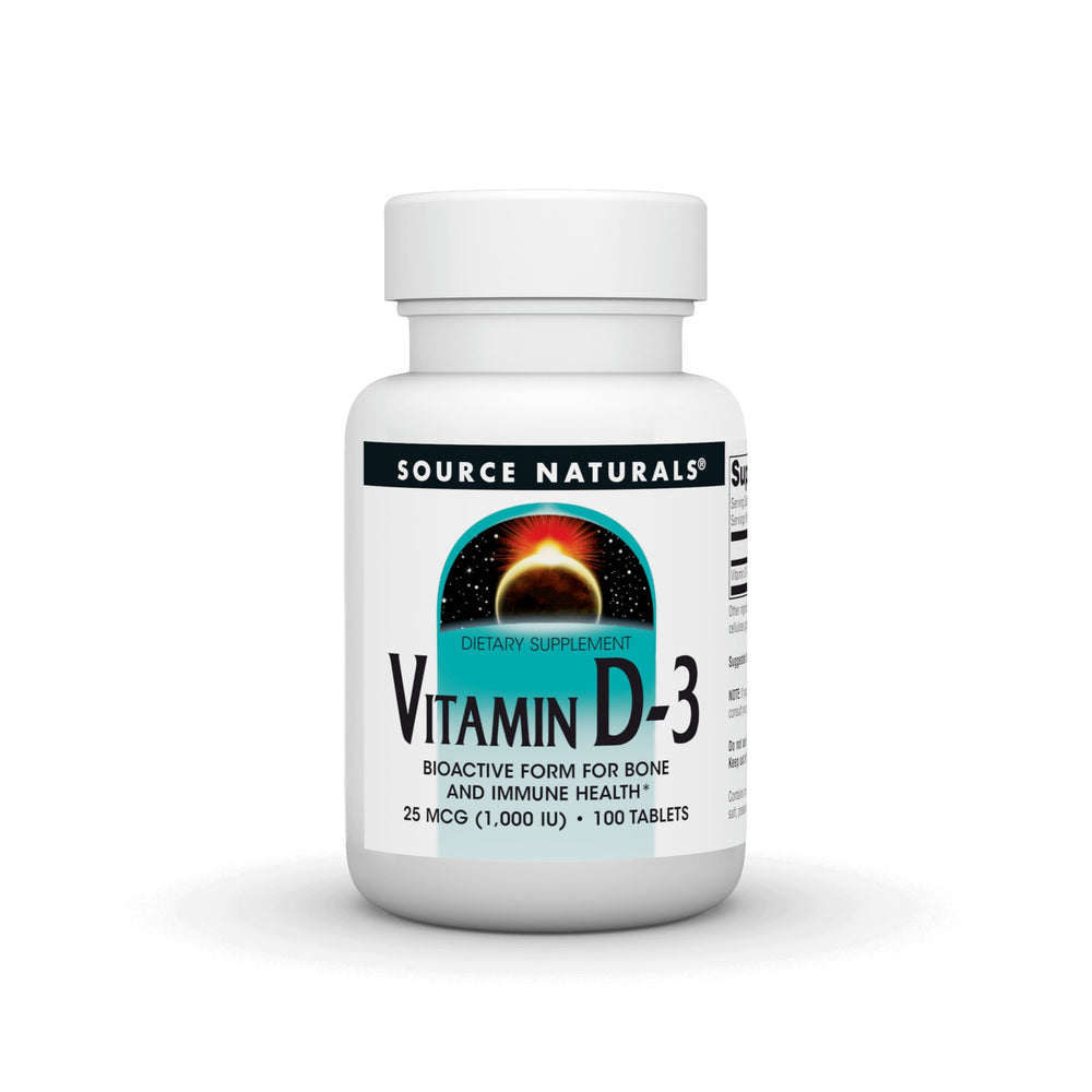 Source Naturals Vitamin D-3 1000 IU bottle with tablets supports bone health.