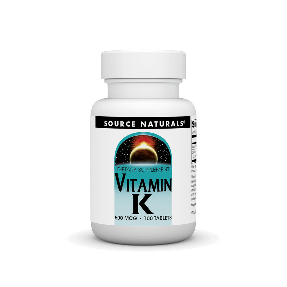 Source Naturals Vitamin K 500 mcg bottle front highlighting dosage for daily use