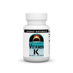 Source Naturals Vitamin K 500 mcg bottle front highlighting dosage for daily use