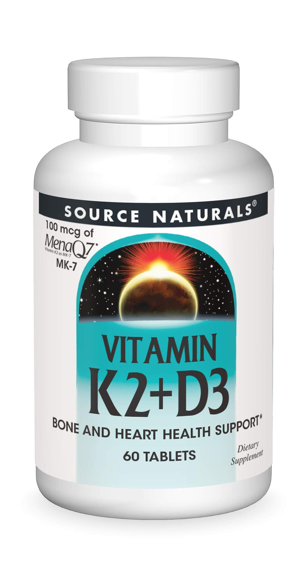 Source Naturals Vitamin K2 + D3 bottle front view supporting bone and heart health.