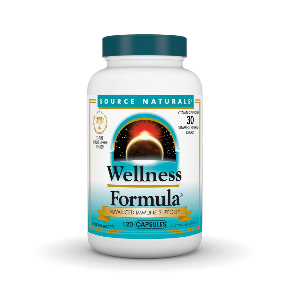 Source Naturals Wellness Formula bottle pouring for convenient daily immune support.