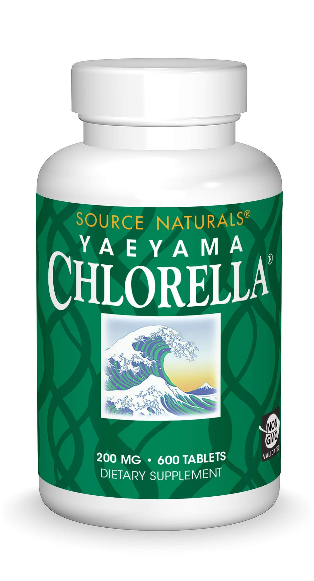 Source Naturals Yaeyama Chlorella bottle, plant-based B12 support in daily nutrition.