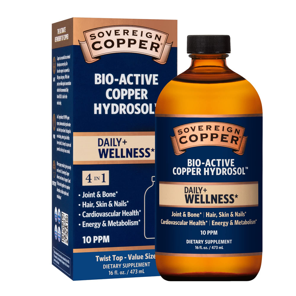 Sovereign Copper Hydrosol bottle pour shows bioavailable copper for daily use.