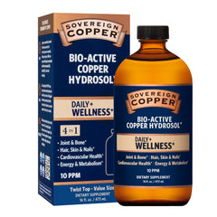 Sovereign Copper Hydrosol bottle pour shows bioavailable copper for daily use.