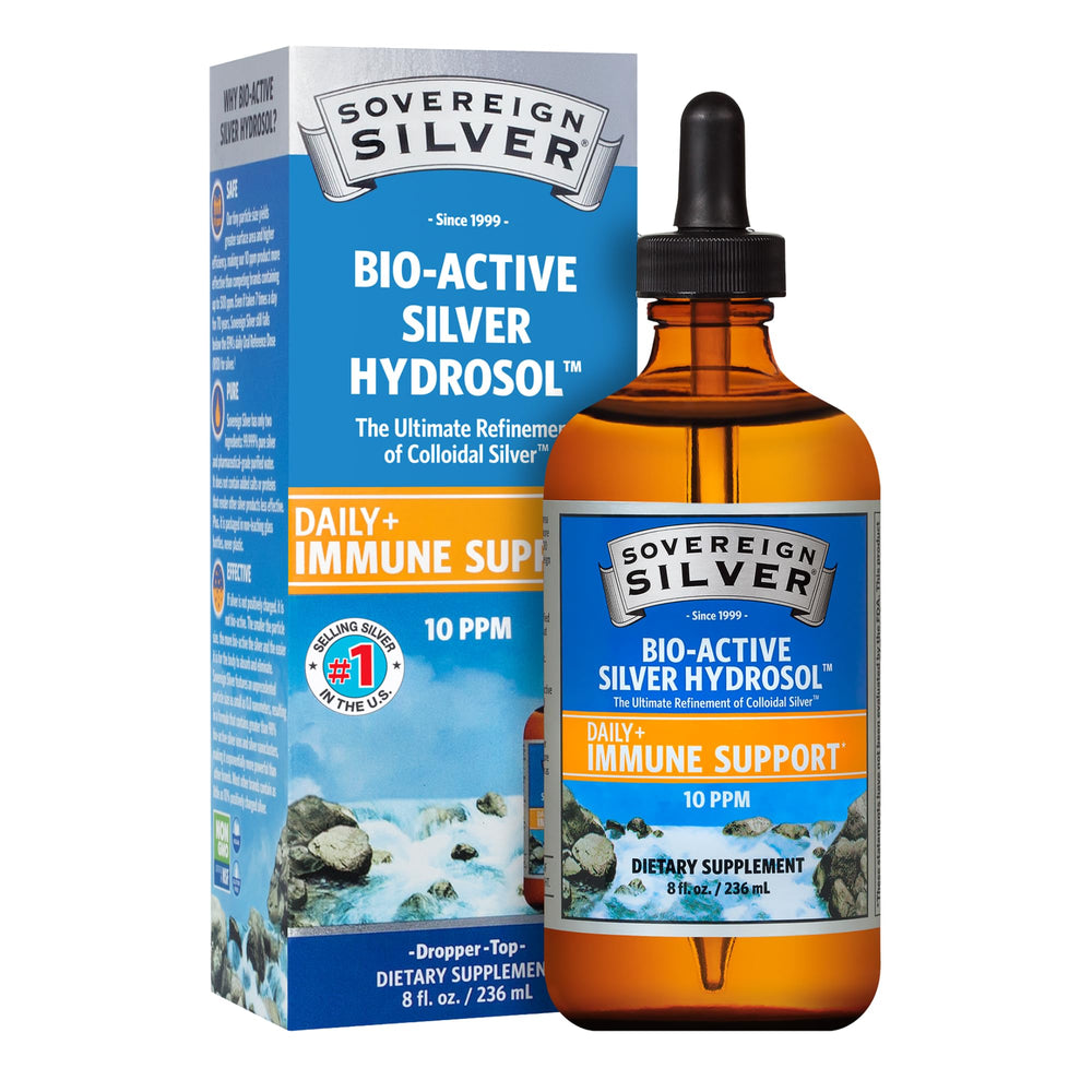 Sovereign Silver immune support bottle with pour shows easy dropper for daily wellness routines.