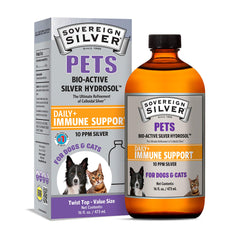 Sovereign Silver Pets Immune Support bottle shown for easy pet dosing on the go.