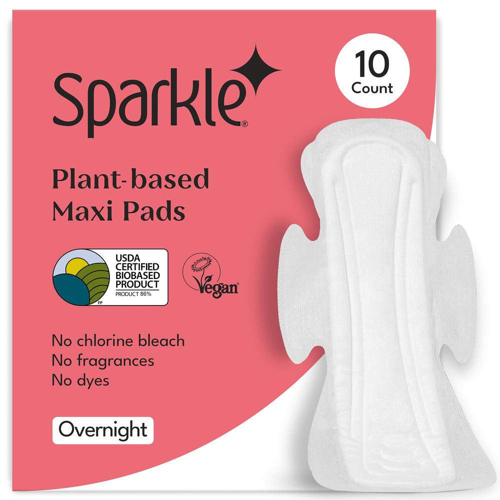 Sparkle Super-Soft Maxi Pads pack front view, eco-friendly packaging for overnight protection.