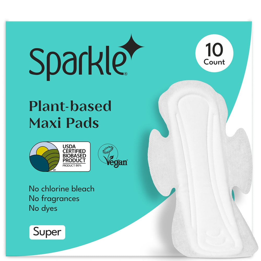 Sparkle Super-Soft Maxi Pads pack shot highlighting plant-based, gentle protection for daily use