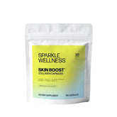 Sparkle Wellness Skin Boost bottle showcases capsules, supporting daily skin elasticity and a smoother complexion.