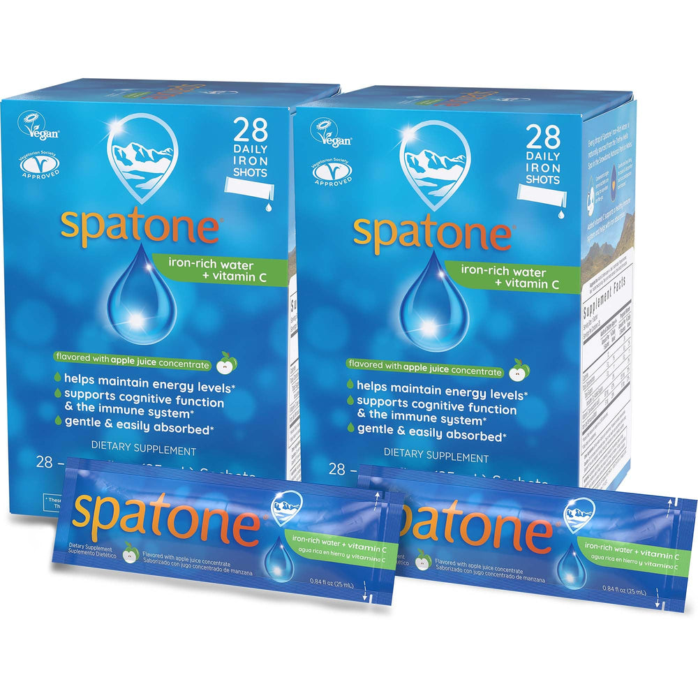 Spatone apple-flavor sachet for on-the-go iron support.
