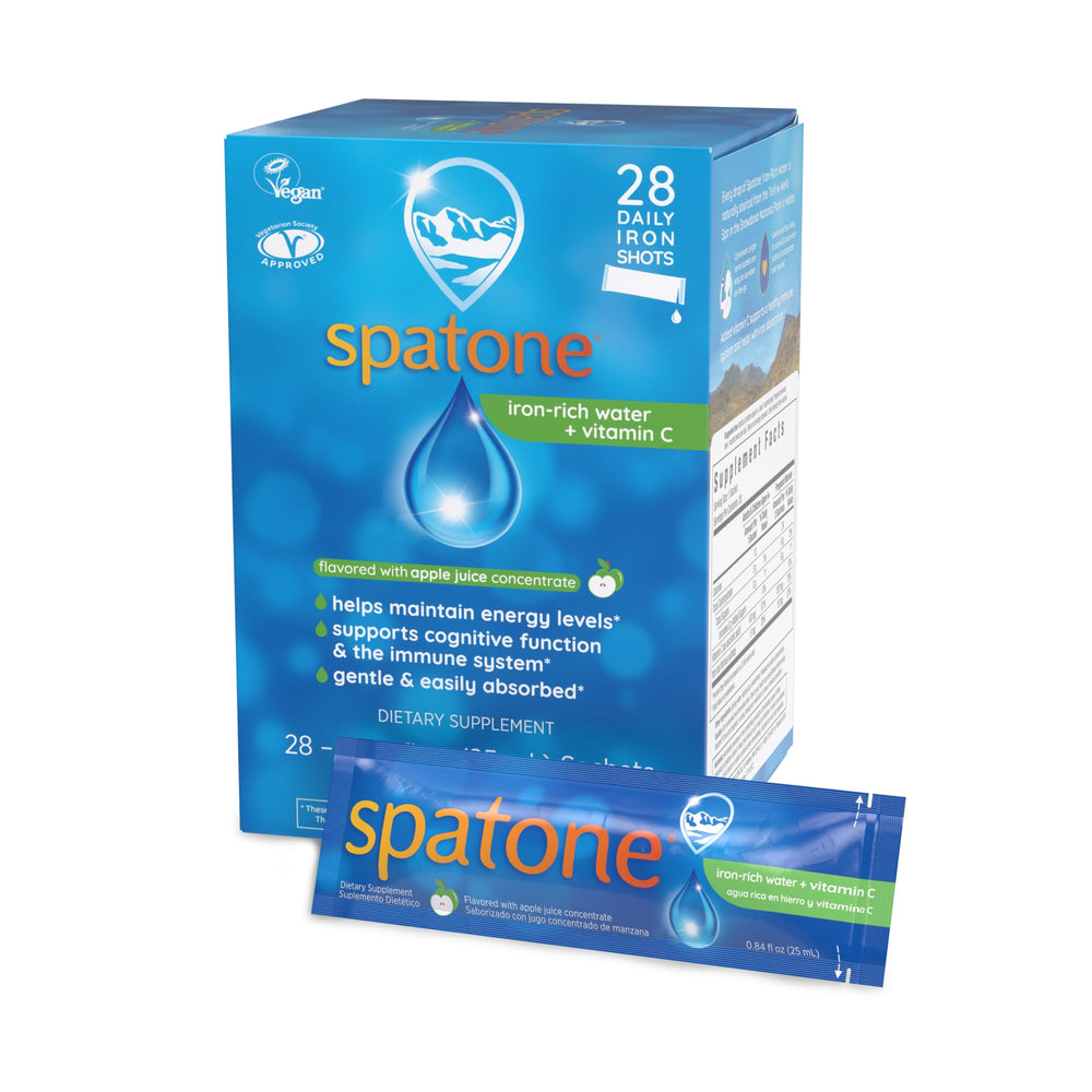 Spatone bottle with apple-flavored liquid iron for easy daily use and pleasant taste