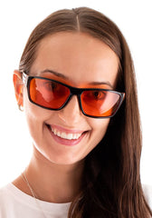 Close-up of Spectra479 amber lenses with bright tint for natural eye contact.