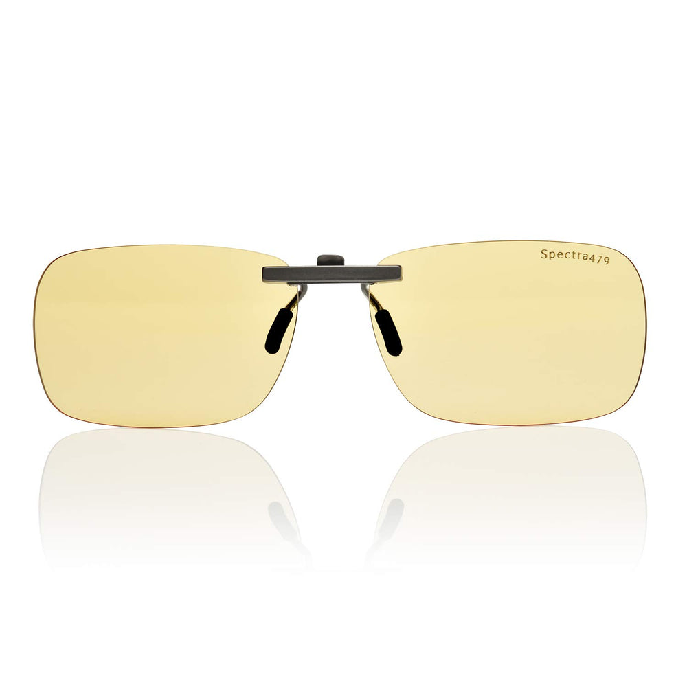 Spectra479 blue light clip-on glasses in use reduce screen glare and eye strain