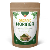 SPICY ORGANIC Moringa leaf powder pouch shows fresh, single-ingredient greens for daily smoothies.