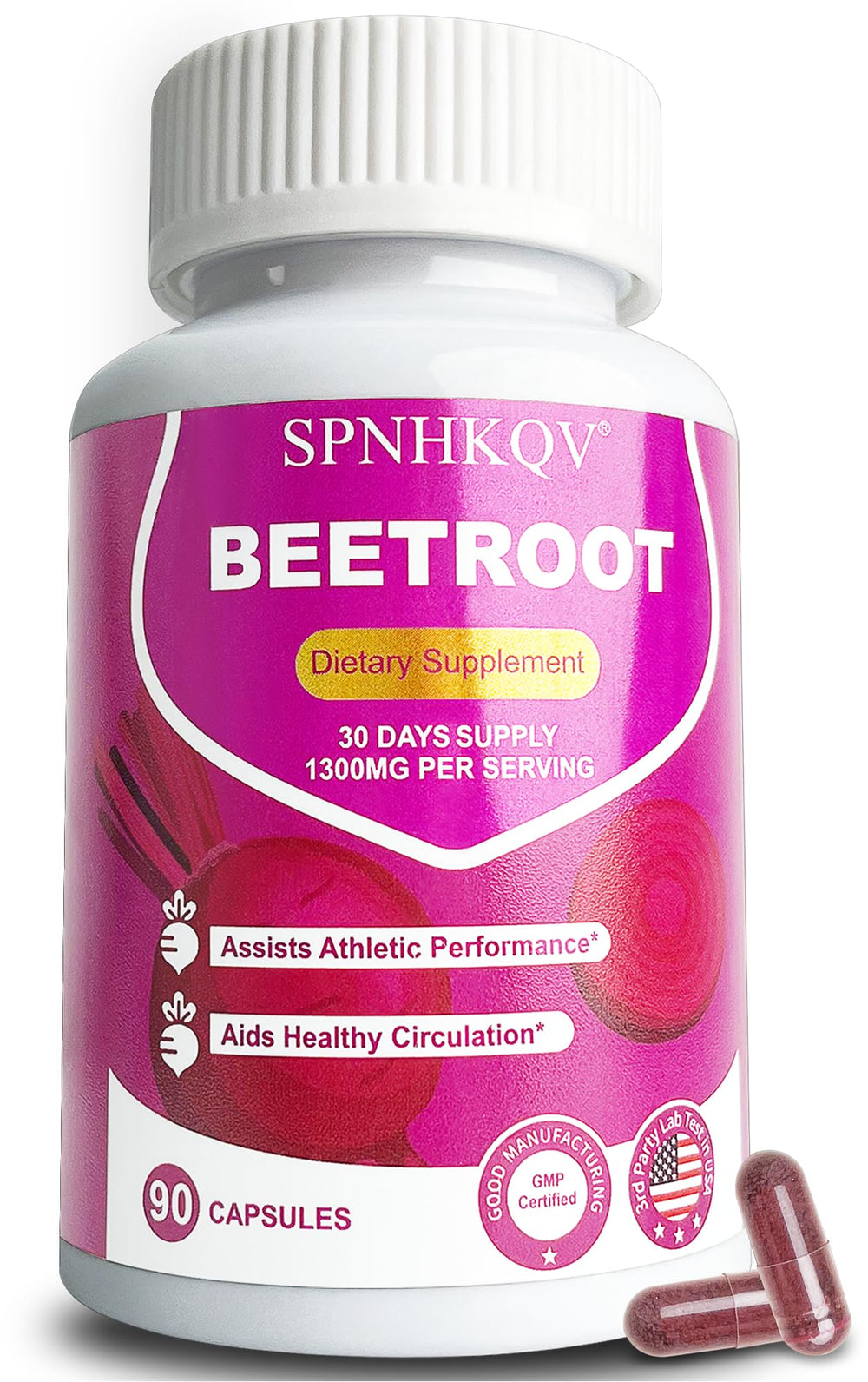 SPNHKOV beet root capsules bottle front label highlighting 1300mg serving for endurance support.