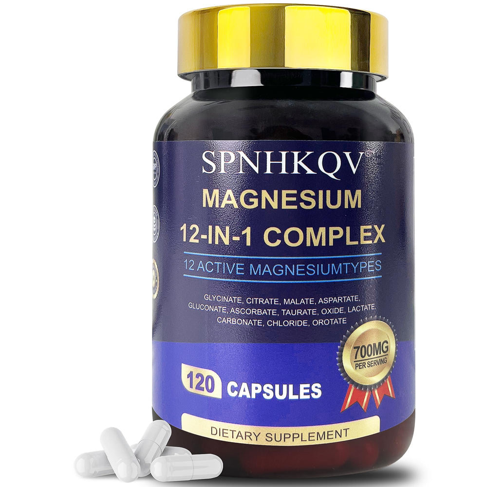 SPNHKOV Magnesium 12-in-1 bottle front showing 120 vegan capsules for daily wellness